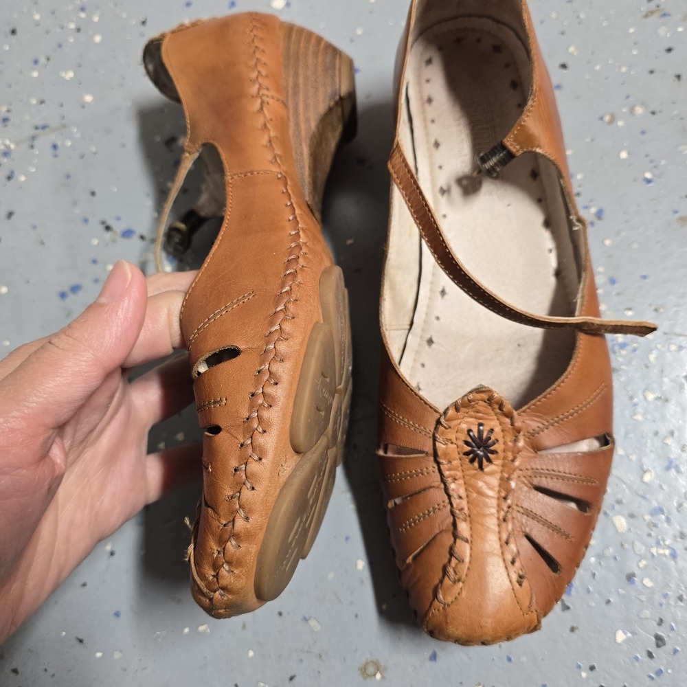 Pikolinos Puerto Vallarta Leather Wedge Mary Jane Cutout Shoes Brown Women Size - Picture 2 of 9
